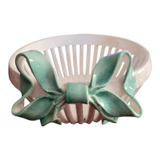 Vintage Italian Round Tiffany Blue Ceramic Ribbon Bow Front Decorative Bread Serving Bowl For Sale