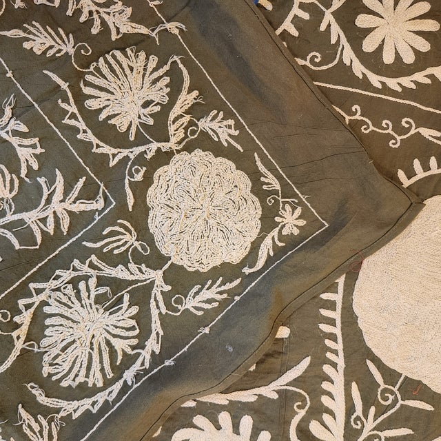 Oilve Green and Cream Suzani Bed Cover For Sale In Los Angeles - Image 6 of 6