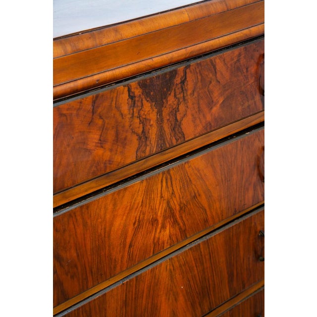 Wood Mid Century Modern Highboy Dresser 5 Drawer Walnut Vintage MCM Metal Burl Wood For Sale - Image 7 of 12