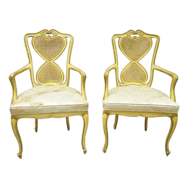 Mid 20th Century Vintage Italian Provincial French Louis XV Yellow Cane Dining Arm Chairs - Pair For Sale
