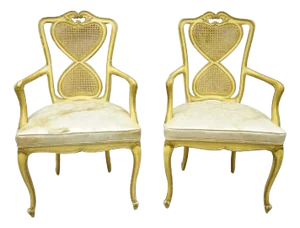 Mid 20th Century Vintage Italian Provincial French Louis XV Yellow Cane Dining Arm Chairs - Pair