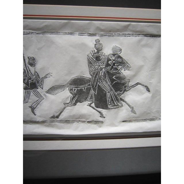 Mid Century Rice Paper Chinese Rice Paper rubbing. Framed in a silver framed with dark gray matte with wine colored...
