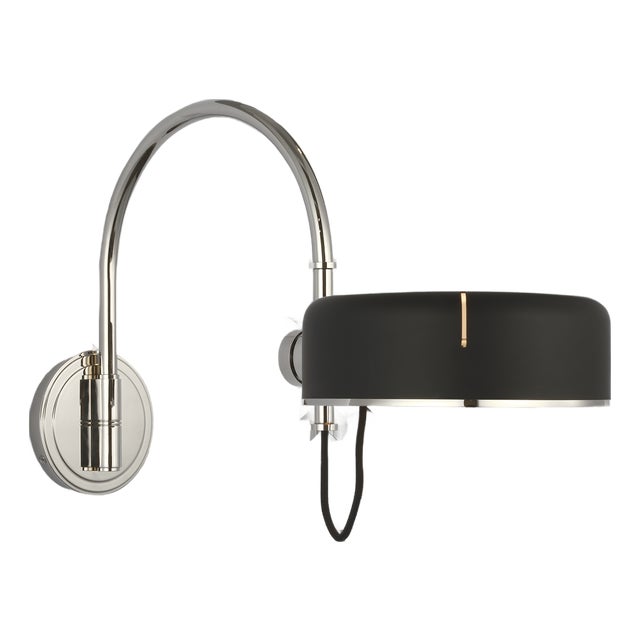 Thomas O'Brien for Visual Comfort Signature Oso 13" Articulating Arc Wall Light in Polished Nickel with Matte Black Shade For Sale