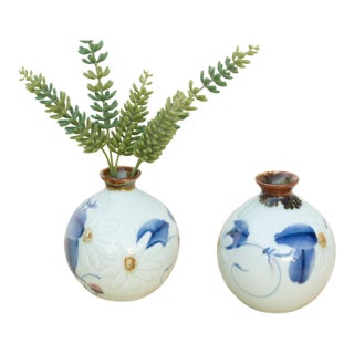 Pair of Hand-Painted Blue & White Porcelain Vases For Sale