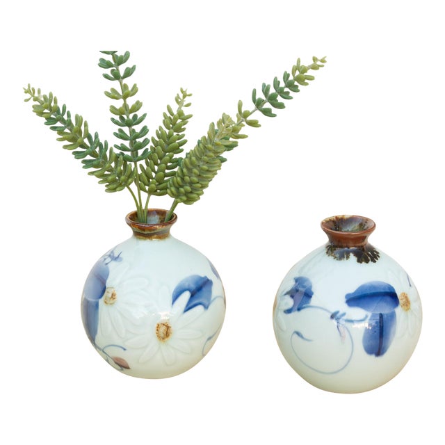 Pair of Hand-Painted Blue & White Porcelain Vases For Sale