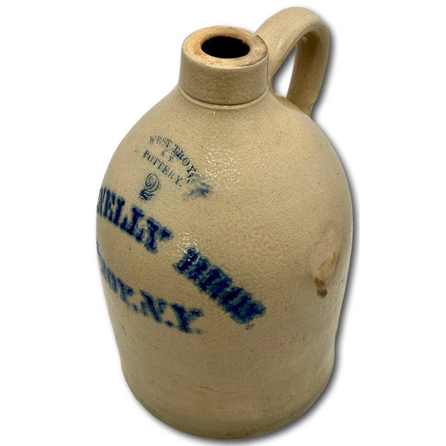 Late 19th Century Antique American Blue Decorated 2 Gallon Stoneware Advertising Jug by West Troy Pottery Co. New York Circa 1880s For Sale - Image 5 of 18