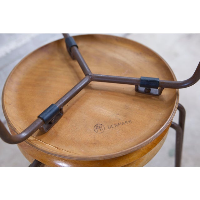 Metal Vintage Tripod Dot Stools in Teak and Copper by Fritz Hansen, 1950s, Set of 3 For Sale - Image 7 of 15