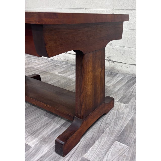 Antique Mission Oak Trestle Pedestal Base Library Table Console Hall Table For Sale In Kansas City - Image 6 of 14