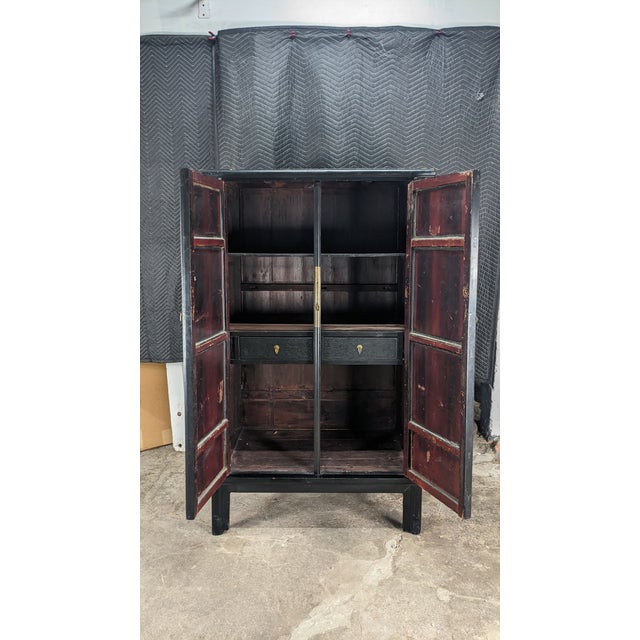 Antique Chinese Qing Dynasty Black Lacquer Elm Wedding Cabinet Armoire Wardrobe For Sale - Image 11 of 15