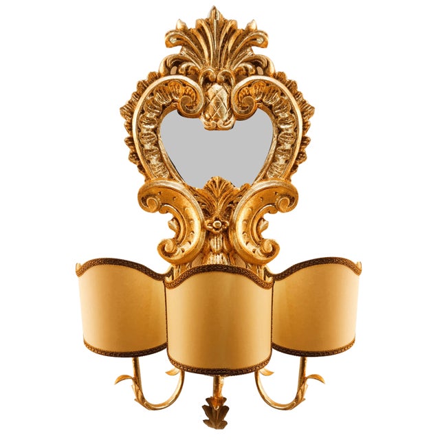 Wood Applique with Mirror and Gold Leaf with Parchment Lampshades For Sale