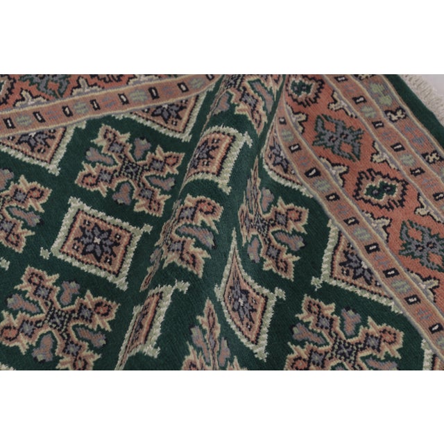 Textile Vintage Bokhara Rug in Forest Green With Pink Geometric Patterns - Rug & Kilim For Sale - Image 7 of 8