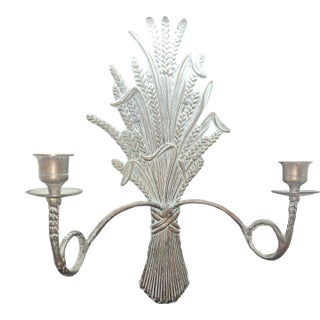 Vintage Solid Brass Metal Wheat Candle Holder Wall Sconce Verdigris Patina For Sale