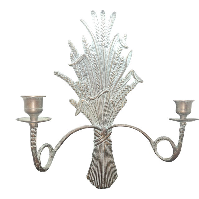 Vintage Solid Brass Metal Wheat Candle Holder Wall Sconce Verdigris Patina For Sale