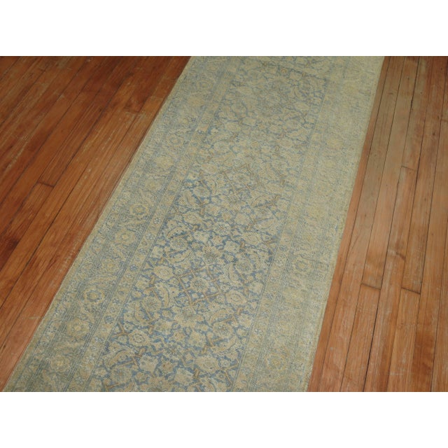 Persian Antique Zabihi Collection Narrow Pale Blue Gold Persian Tabriz Runner - 2'4" x 13'9" For Sale - Image 3 of 9