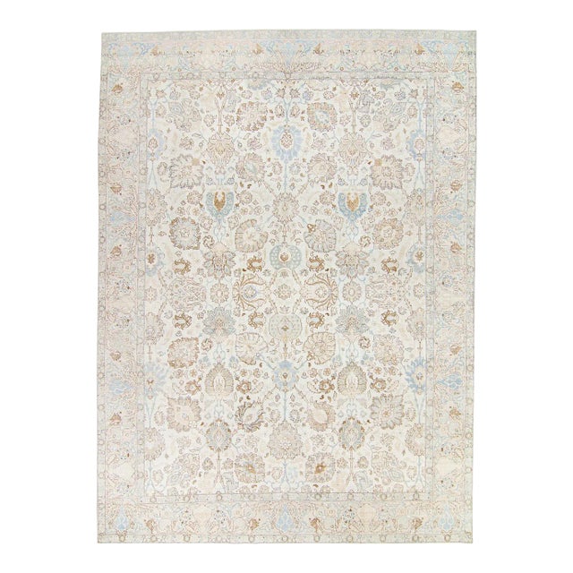 1940s Vintage Large Allover Botanical Beige Cream Blue Hand-Knotted Rug - 9’6” X 13’1” For Sale