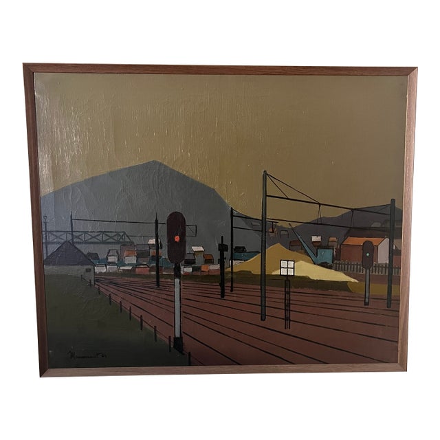 1964 Belgium French Vintage Mid Century Landscape Oil Painting Titled "La Ligne 130" (The Line 130) by Jean Maucourant For Sale