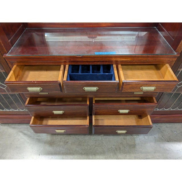 Late 20th Century Solid Mahogany Entertainment Wall Unit With Leaded Glass Display Cabinets and 8 Drawers For Sale - Image 5 of 5