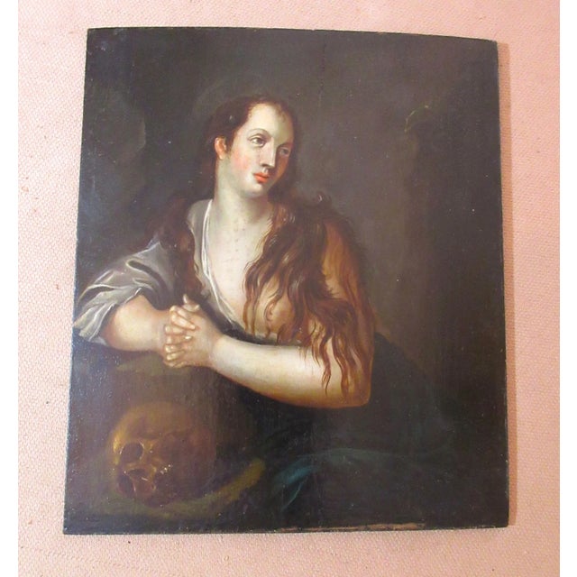 Antique 18th Century Saint Mary Magdalene Skull Religious Oil Painting on Panel For Sale - Image 10 of 11