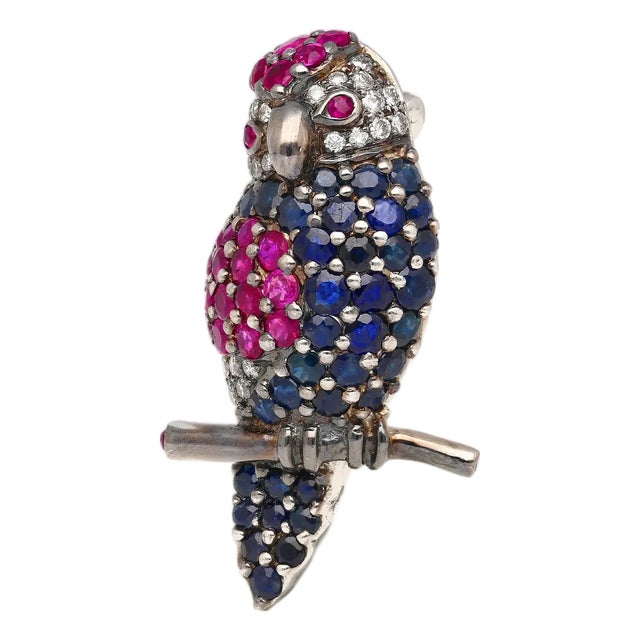 3.14 Carat Pink & Blue Sapphire & Diamond Pave in 18k White Gold Parrot Brooch For Sale