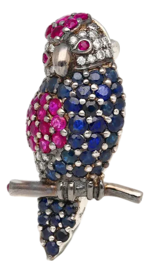 3.14 Carat Pink & Blue Sapphire & Diamond Pave in 18k White Gold Parrot Brooch