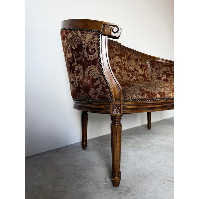 Vintage Louis XVI Style Curved Barrel Back Loveseat With Nailhead Trim For Sale - Image 11 of 17