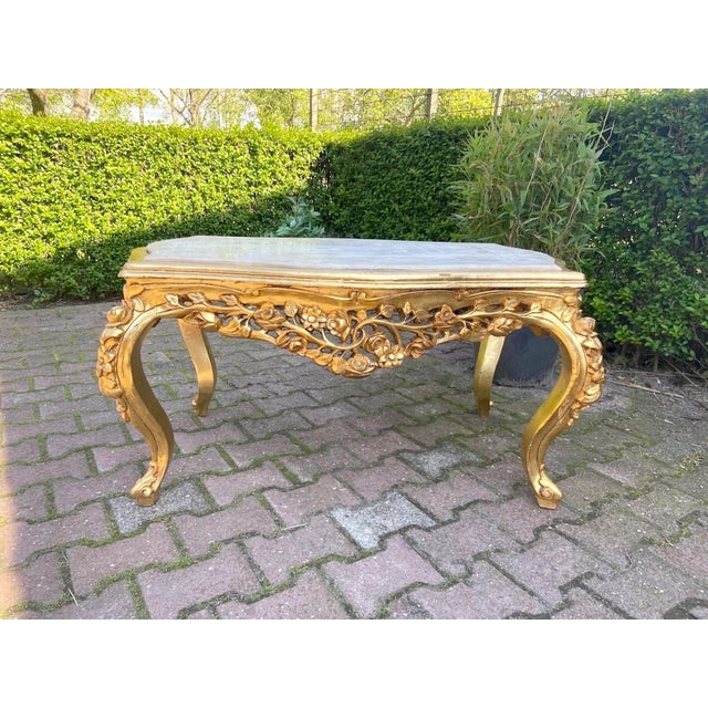 1980s Artisan Louis XVI Gold Beech Marble Coffee Table For Sale - Image 9 of 11