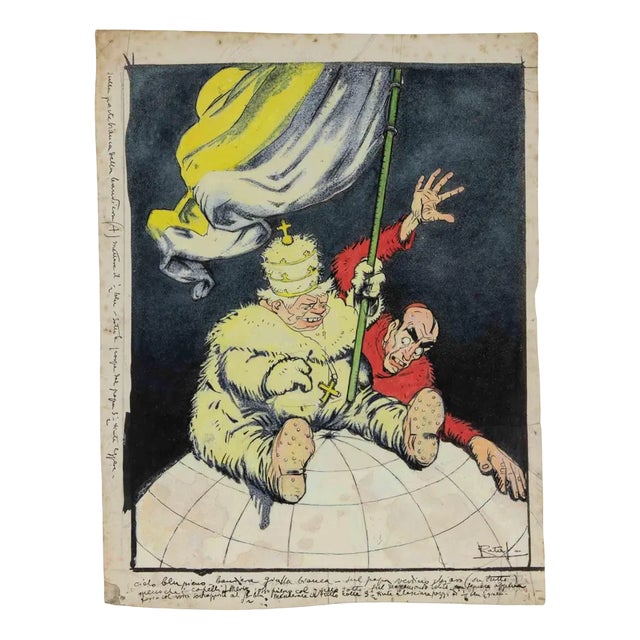 Gabriele Galantara, The Pope and the Globe, Mixed Media, 1909 For Sale