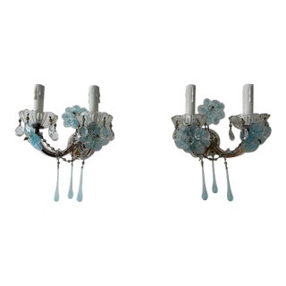 C 1930 Aqua Blue Murano Flowers & Drops Crystal Prisms Sconces One of a Kind For Sale
