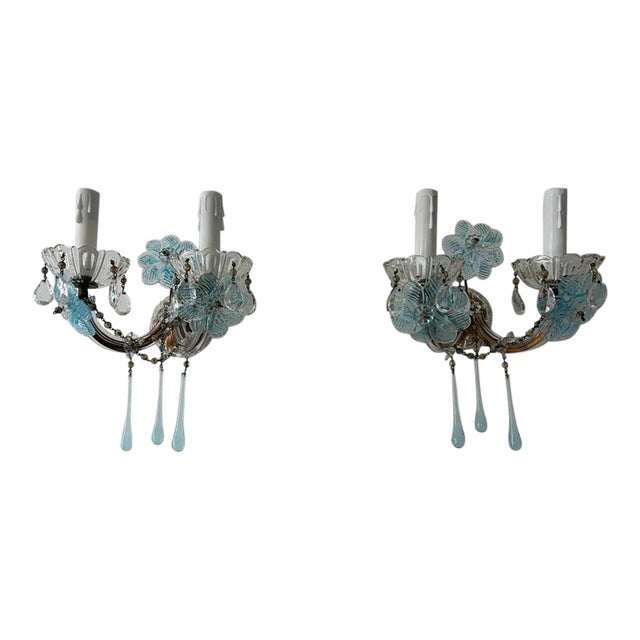 C 1930 Aqua Blue Murano Flowers & Drops Crystal Prisms Sconces One of a Kind For Sale