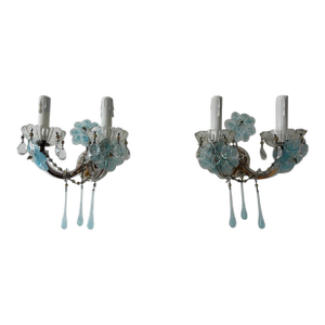 C 1930 Aqua Blue Murano Flowers & Drops Crystal Prisms Sconces One of a Kind