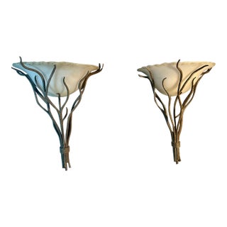1980s Brutalist Wall Sconces Brutalist Style Organic Glass in Iron Branches - Pair For Sale