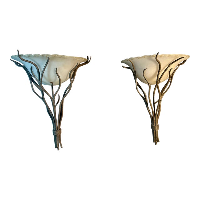 1980s Brutalist Wall Sconces Brutalist Style Organic Glass in Iron Branches - Pair For Sale