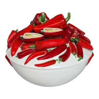 Vintage Italian Painted Ceramic Red Chili Pepper Sculptural Bowl by Este Ceramiche C. E. Lidded Serving Tureen, 11.5" For Sale
