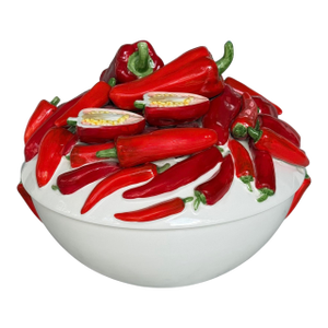 Vintage Italian Painted Ceramic Red Chili Pepper Sculptural Bowl by Este Ceramiche C. E. Lidded Serving Tureen, 11.5"