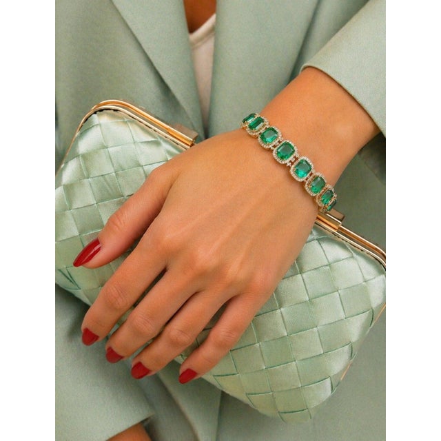 Gemstone Bochic “Capri” Vintage Zambian Emerald & Diamond Bracelet Set 18K Gold & Silver For Sale - Image 7 of 13