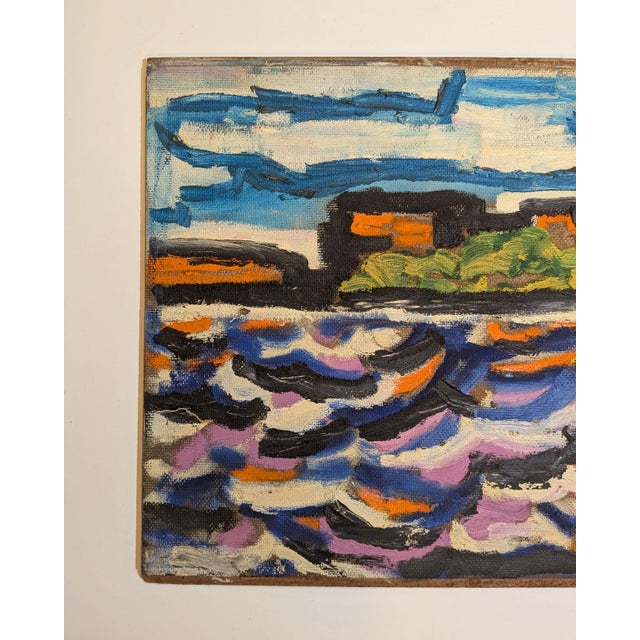 Original mid-century Expressionist painting, acrylic on board, depicting a waterfront scene with a silhouetted shoreline...
