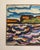 Original mid-century Expressionist painting, acrylic on board, depicting a waterfront scene with a silhouetted shoreline...