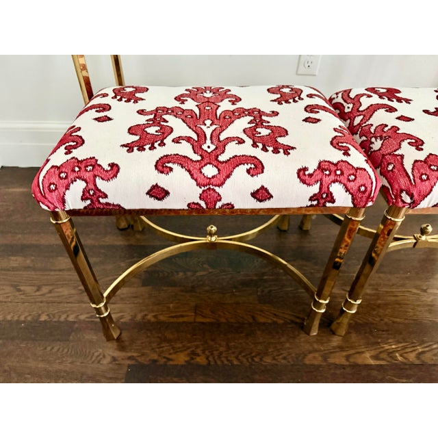 Brass & Glass Console With Pair of Upholstered Benches Stools 3 Pc For Sale - Image 10 of 11