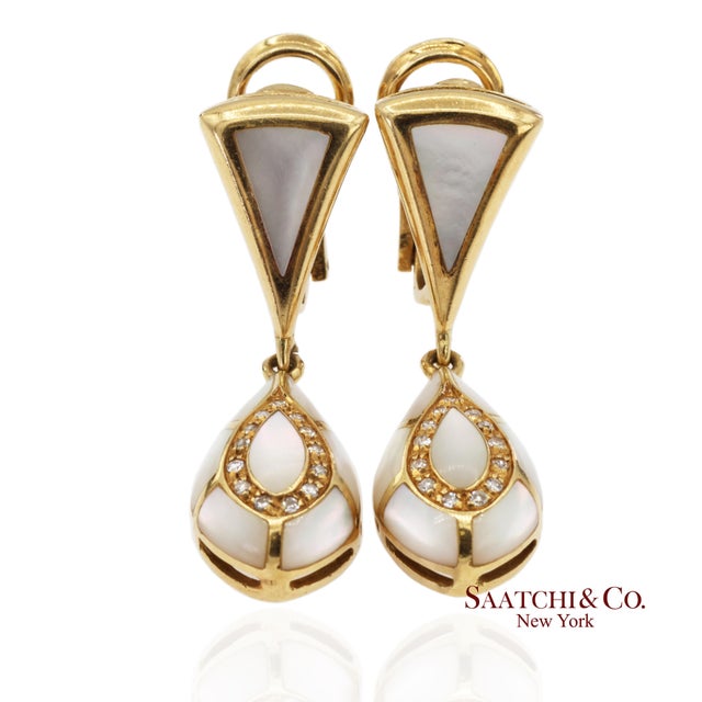 Contemporary 18k Yellow Gold 0.50 Ct Natural Diamond and Mother of Pearl Omega Back Earrings, Pair For Sale - Image 3 of 14