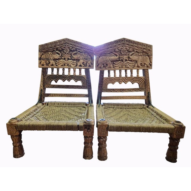 Low Indian Hand-Carved Chairs with Elephant Backrests, 1950s, Set of 2 For Sale - Image 18 of 18