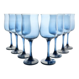 1980s Libbey “Connoisseur (Dusky Blue, Tulip)” Set of 8 Water Glasses For Sale