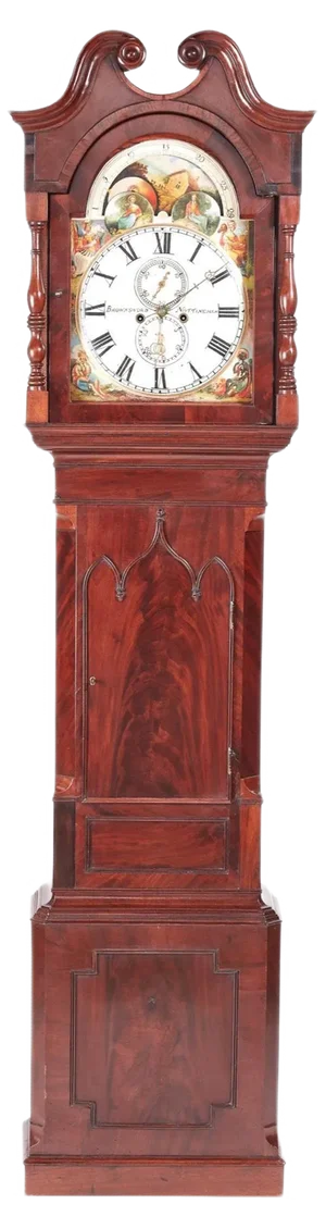 Antique Mahogany Eight Day Moonphase Grandfather Clock with Painted Face