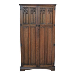 1920s Antique English Oak Armoire Wardrobe Clothes Linen Closet For Sale