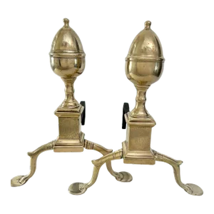 Pair of Late 18th Century Etched Federal Period Philadelphia Brass and Iron Andirons or Firedogs