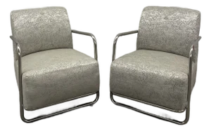 Pair of Modern Tubular Metal Frame Lounge Chairs