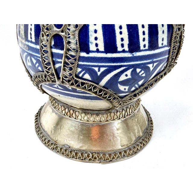 Blue Mid-Century Moroccan Hand Painted Cobalt Ceramic Decanter with Wire Filigree Detailing, 1950s For Sale - Image 8 of 14