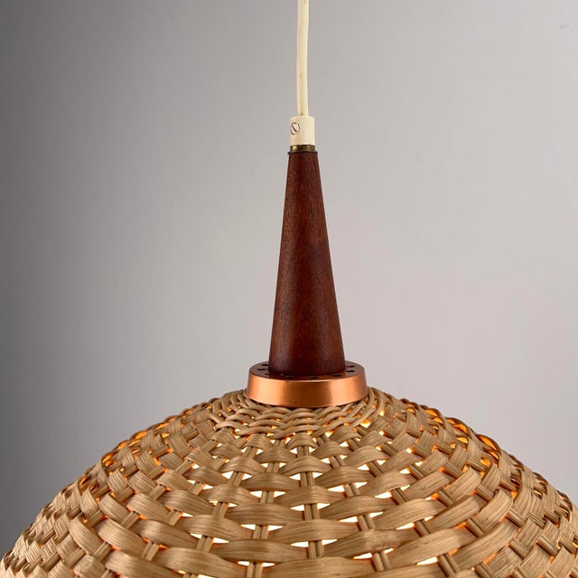 Vintage Pendant Lamp with Rattan Shade and Teak Applications, 1960s For Sale - Image 4 of 9