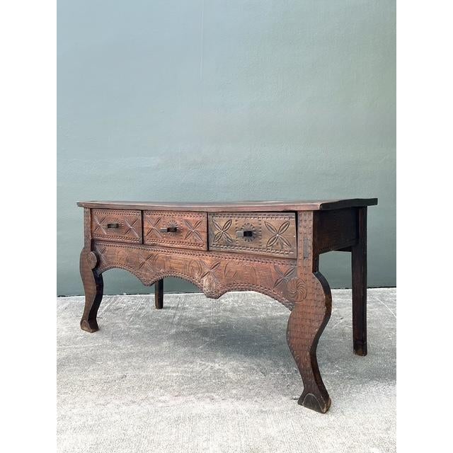 Early 20th Century Vintage Primitive Hand Carved Console Table For Sale - Image 5 of 12