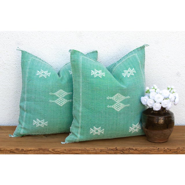 Textile Pair of Aqua & White Cactus Silk Moroccan Pillows For Sale - Image 7 of 7