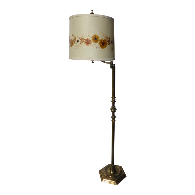 Vintage French Country Swivel Arm Brass Floor Lamp with Floral Shade